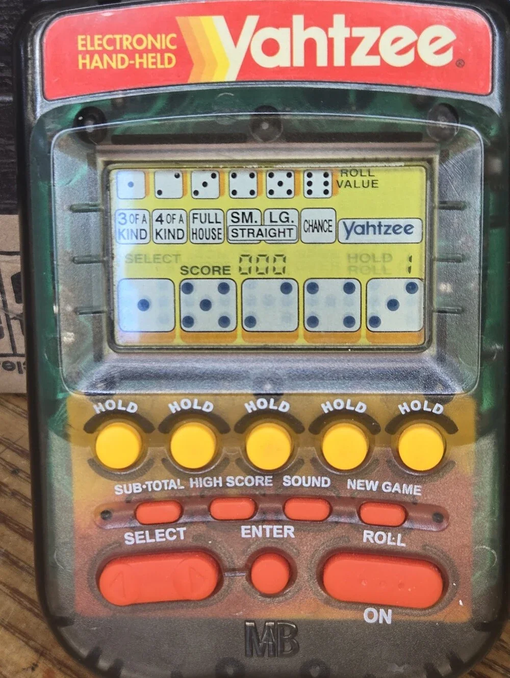 1995 Electronic Handheld Yahtzee Game Clear Smoke MB Milton Bradley Tested